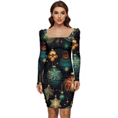 Christmas Ornaments Pattern Women Long Sleeve Ruched Stretch Jersey Dress by Ravend