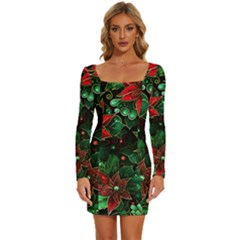 Flower Floral Pattern Christmas Long Sleeve Square Neck Bodycon Velvet Dress by Ravend