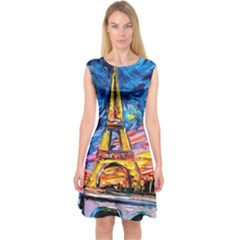 Eiffel Tower Starry Night Print Van Gogh Capsleeve Midi Dress by Modalart