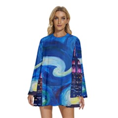 Starry Night In New York Van Gogh Manhattan Chrysler Building And Empire State Building Round Neck Long Sleeve Bohemian Style Chiffon Mini Dress by Modalart