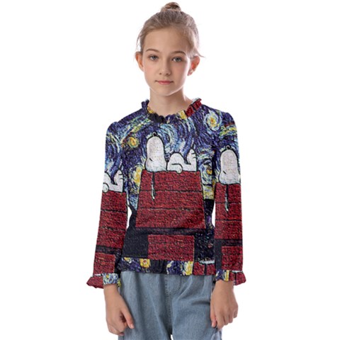 Cartoon Dog House Van Gogh Kids  Frill Detail T-shirt by Modalart