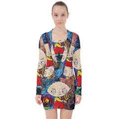 Cartoon Starry Night Vincent Van Gogh V-neck Bodycon Long Sleeve Dress by Modalart
