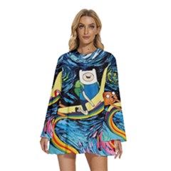 Adventure Time Art Starry Night Van Gogh Round Neck Long Sleeve Bohemian Style Chiffon Mini Dress by Modalart