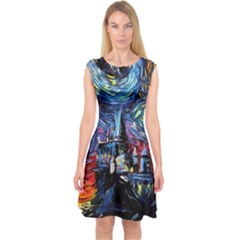 Castle Hogwarts Starry Night Print Van Gogh Parody Capsleeve Midi Dress by Modalart