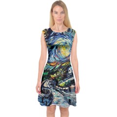 The Great Wall Nature Painting Starry Night Van Gogh Capsleeve Midi Dress by Modalart