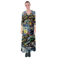 The Great Wall Nature Painting Starry Night Van Gogh Button Up Maxi Dress by Modalart