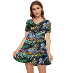 The Great Wall Nature Painting Starry Night Van Gogh Tiered Short Sleeve Babydoll Dress by Modalart