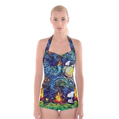 Dog Cartoon Starry Night Print Van Gogh Parody Boyleg Halter Swimsuit  by Modalart