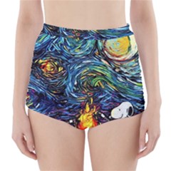 Dog Cartoon Starry Night Print Van Gogh Parody High-waisted Bikini Bottoms by Modalart
