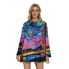 Golden Gate Bridge Starry Night Vincent Van Gogh Round Neck Long Sleeve Bohemian Style Chiffon Mini Dress by Modalart