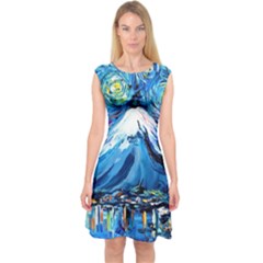 Mount Fuji Art Starry Night Van Gogh Capsleeve Midi Dress by Modalart