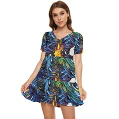 Dog Cartoon Starry Night Print Van Gogh Parody Tiered Short Sleeve Babydoll Dress by Modalart