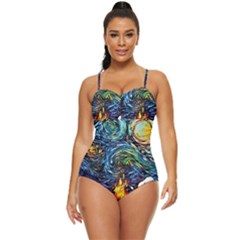 Dog Cartoon Starry Night Print Van Gogh Parody Retro Full Coverage Swimsuit by Modalart