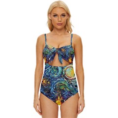 Dog Cartoon Starry Night Print Van Gogh Parody Knot Front One-piece Swimsuit by Modalart