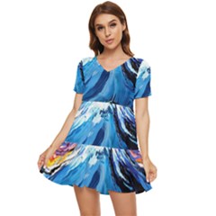 Mount Fuji Art Starry Night Van Gogh Tiered Short Sleeve Babydoll Dress by Modalart