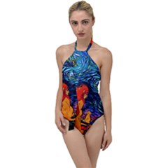 Lion Art Starry Night Van Gogh Go With The Flow One Piece Swimsuit by Modalart