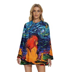 Lion Art Starry Night Van Gogh Round Neck Long Sleeve Bohemian Style Chiffon Mini Dress by Modalart