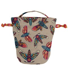 Tattoos Colorful Seamless Pattern Drawstring Bucket Bag by Bedest