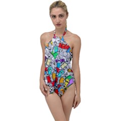 Graffity Characters Seamless Pattern Art Go With The Flow One Piece Swimsuit by Bedest