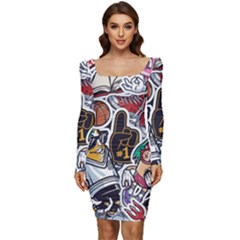 Vintage College Colorful Seamless Pattern Women Long Sleeve Ruched Stretch Jersey Dress by Bedest