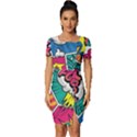 Comic Colorful Seamless Pattern Fitted Knot Split End Bodycon Dress View1