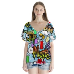 Graffiti Characters Seamless Patterns V-neck Flutter Sleeve Top by Bedest