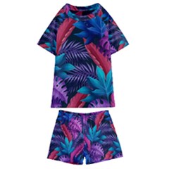 Background With Violet Blue Tropical Leaves Kids  Swim T-shirt And Shorts Set by Bedest