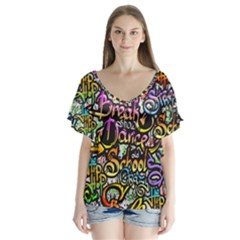 Graffiti Word Seamless Pattern V-neck Flutter Sleeve Top by Bedest