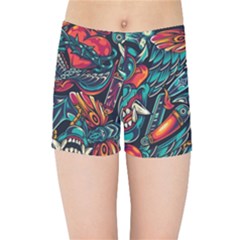 Vintage Tattoos Colorful Seamless Pattern Kids  Sports Shorts by Bedest