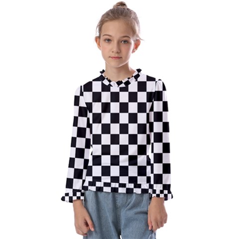 Black White Checker Pattern Checkerboard Kids  Frill Detail T-shirt by Pakjumat