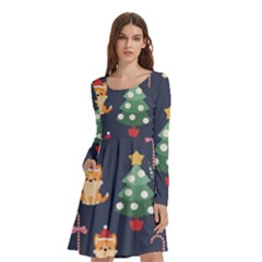 Boston Terrier Welsh Corgi Puppies Seamless Pattern Wallpaper Long Sleeve Knee Length Skater Dress With Pockets by Pakjumat