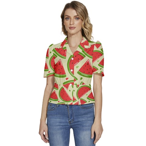 Cute Watermelon Seamless Pattern Puffed Short Sleeve Button Up Jacket by Pakjumat