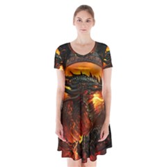 Dragon Fire Fantasy Art Short Sleeve V-neck Flare Dress by Maspions