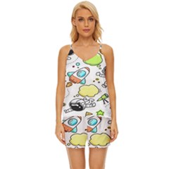 Sketch Cartoon Space Set V-neck Satin Pajamas Set by Hannah976