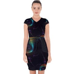 Fractal Transfer Metallic Black Capsleeve Drawstring Dress  by Hannah976