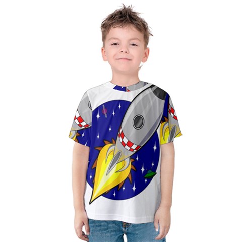 Rocket Ship Launch Vehicle Moon Kids  Cotton T-shirt by Sarkoni