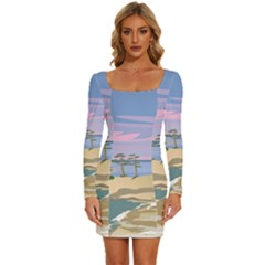Vacation Island Sunset Sunrise Long Sleeve Square Neck Bodycon Velvet Dress by Sarkoni