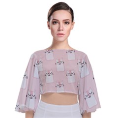 Pattern Pink Cute Sweet Fur Cats Tie Back Butterfly Sleeve Chiffon Top by Sarkoni