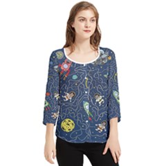 Cat Cosmos Cosmonaut Rocket Chiffon Quarter Sleeve Blouse by Grandong