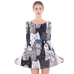 Cute Cat Hand Drawn Cartoon Style Long Sleeve Velvet Skater Dress by Grandong