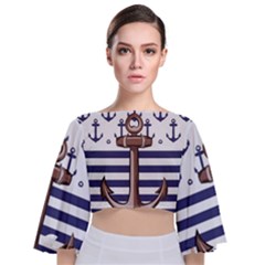 Anchor Background Design Tie Back Butterfly Sleeve Chiffon Top by Apen