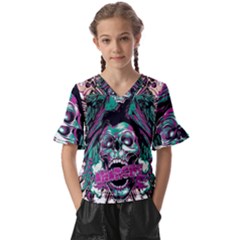 Anarchy Skull And Birds Kids  V-neck Horn Sleeve Blouse by Sarkoni