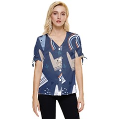 Colorful Cute Cats Seamless Pattern Bow Sleeve Button Up Top by Bedest