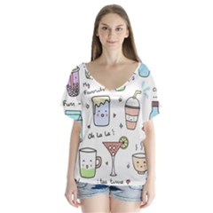 Drinks Cocktails Doodles Coffee V-neck Flutter Sleeve Top by Apen