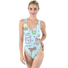 Drinks Cocktails Doodle Coffee High Leg Strappy Swimsuit by Apen