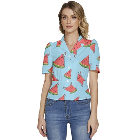 Watermelon Fruit Pattern Tropical Puffed Short Sleeve Button Up Jacket by Apen