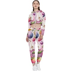 Fruits Apple Strawberry Raspberry Cropped Zip Up Lounge Set by Ravend