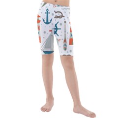 Nautical Elements Pattern Background Kids  Mid Length Swim Shorts by Grandong