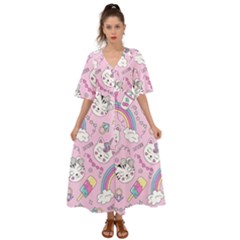Beautiful Cute Animals Pattern Pink Kimono Sleeve Boho Dress by Grandong