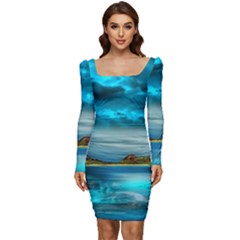 Artistic Fantasy Psychedelic Women Long Sleeve Ruched Stretch Jersey Dress by Sarkoni